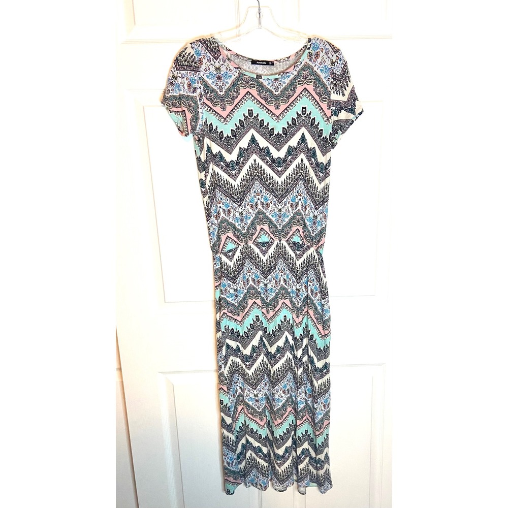 BOHO Annabelle Chevron Paisley Maxi Dress Short Sleeve Cotton Spandex Multi S